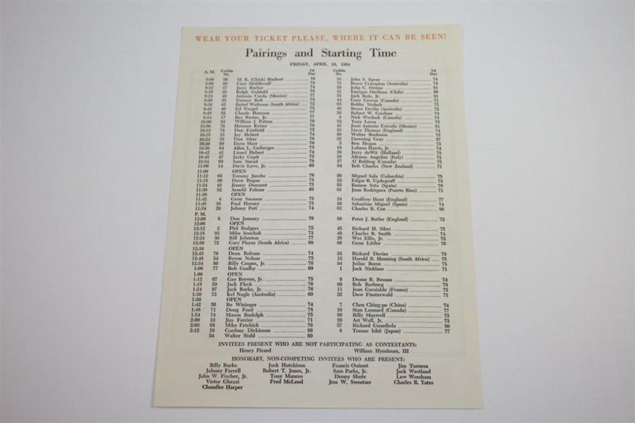 1964 Masters Tournament Fri-Sat-Sun Pairing Sheets with Par 3 - Arnie's Final Green Jacket
