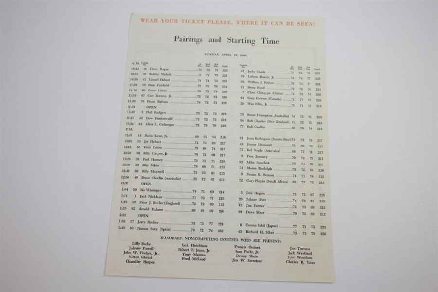 1964 Masters Tournament Fri-Sat-Sun Pairing Sheets with Par 3 - Arnie's Final Green Jacket