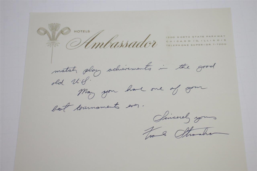 Frank Stranahan Signed Hand-Written Letter Declining to Defend Western Amateur Title JSA ALOA