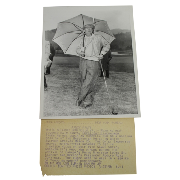 President Eisenhower with Umbrella Wearing Fancy Pants 7 1/8x9 Wire Photo 3/27/56