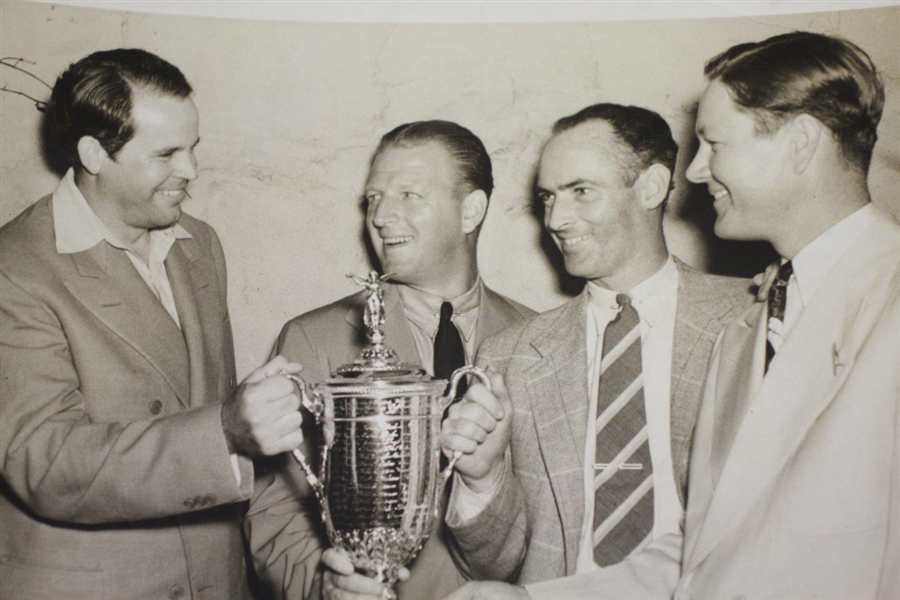 Ralph Guldahl, Craig Wood, Denny Shute, & Byron Nelson with 1939 US Open Trophy 6 1/2x8 1/2 Wire Photo 6/10/39