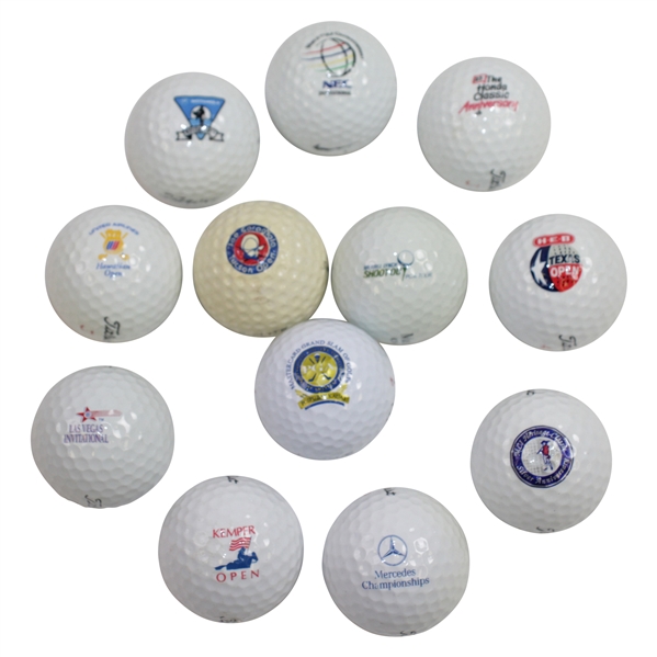 Twelve(12) Different PGA Tour Event Logo Golf Balls - Kemper Open, Las Vegas, & other