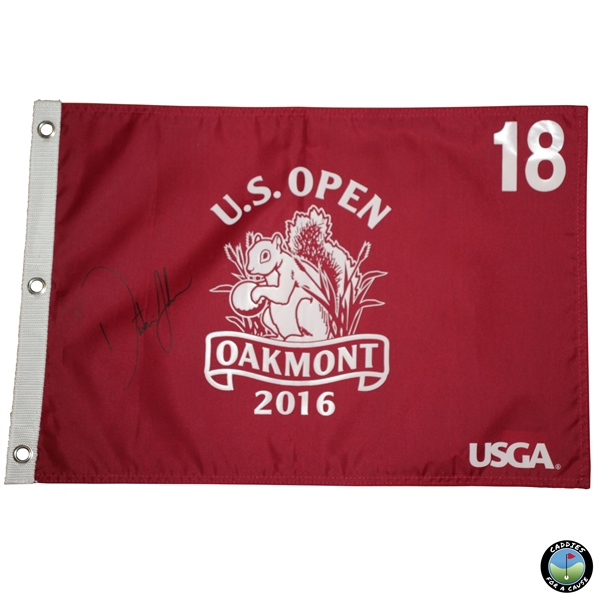 Dustin Johnson Signed 2016 US Open at Oakmont Red Screen Flag JSA ALOA