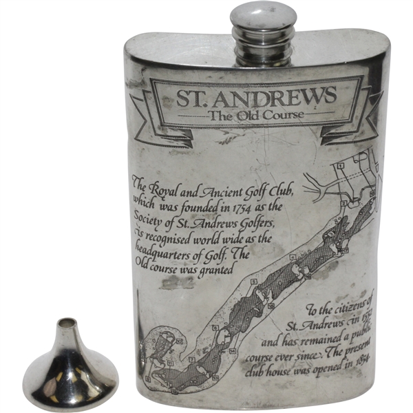 St. Andrews 'The Old Course' Pewter Flask with Course Layout - Good Condition