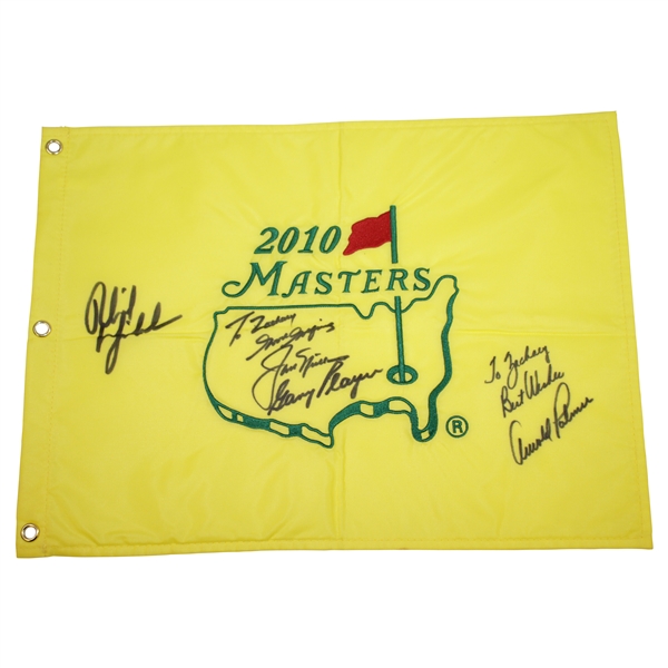 Big Three Plus Phil Mickelson (Winner) Signed 2010 Masters Flag with Personalization JSA ALOA