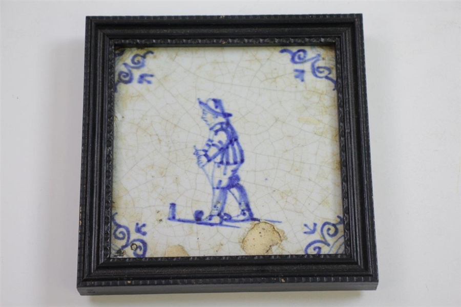 Two Delft Golf Decorated Porcelain Tiles with Black Frames