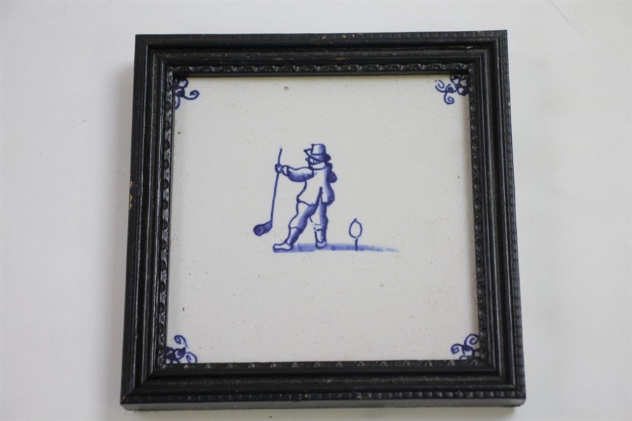 Two Delft Golf Decorated Porcelain Tiles with Black Frames