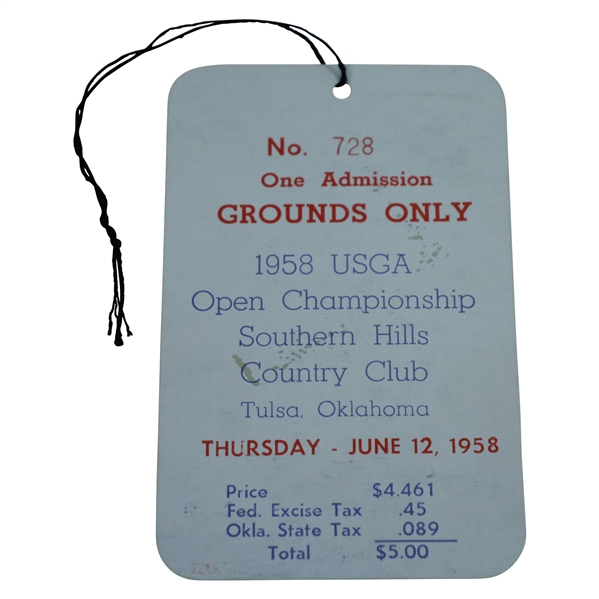 1958 US Open at Southern Hills CC Thursday Ticket #728 - Tommy Bolt Winner
