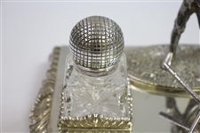 Vintage Ornate Crossed Clubs with Figural Golfer & Two Glass Golf Ball Inkwells