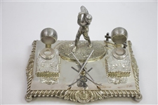 Vintage Ornate Crossed Clubs with Figural Golfer & Two Glass Golf Ball Inkwells