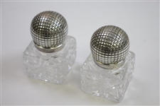 Vintage Ornate Crossed Clubs with Figural Golfer & Two Glass Golf Ball Inkwells
