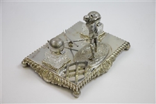 Vintage Ornate Crossed Clubs with Figural Golfer & Two Glass Golf Ball Inkwells