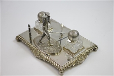 Vintage Ornate Crossed Clubs with Figural Golfer & Two Glass Golf Ball Inkwells
