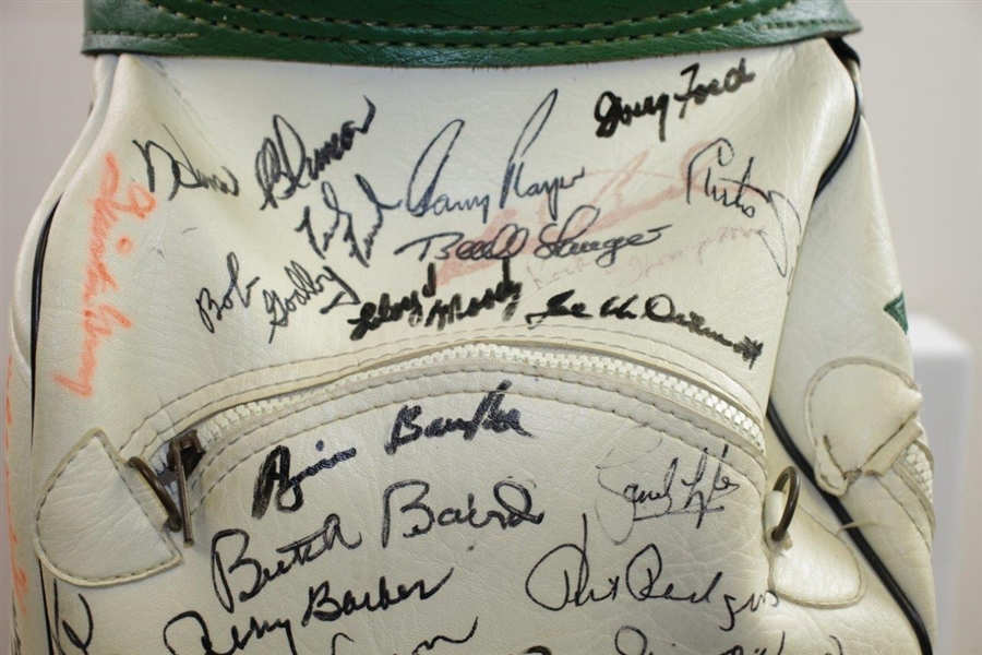 Palmer, Sarazen, Nicklaus, & Dozen others Signed Gary Player Green/White Golf Bag JSA ALOA