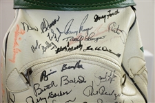 Palmer, Sarazen, Nicklaus, & Dozen others Signed Gary Player Green/White Golf Bag JSA ALOA