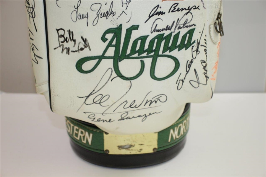 Palmer, Sarazen, Nicklaus, & Dozen others Signed Gary Player Green/White Golf Bag JSA ALOA
