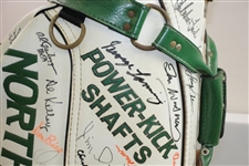 Palmer, Sarazen, Nicklaus, & Dozen others Signed Gary Player Green/White Golf Bag JSA ALOA