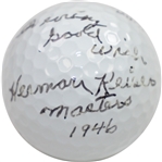 Herman Keiser Signed Golf Ball with Masters 1946 & With every good wish Notation JSA ALOA