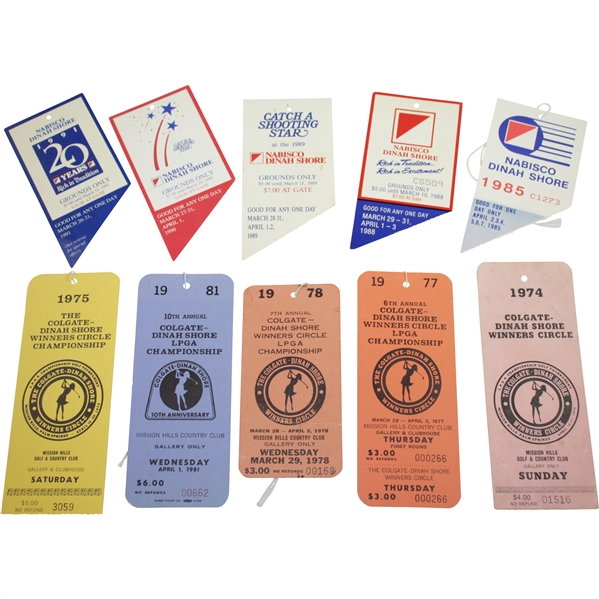 Ten (10) Different Dinah Shore Tickets - 1974-75, 1977-78, 1981, 1985, 1988-1991