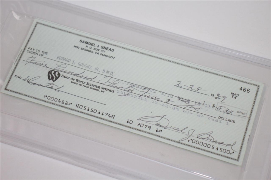 Samuel J. Snead Signed 2/28/1989 Personal Check PSA/DNA MINT 9 #83511600
