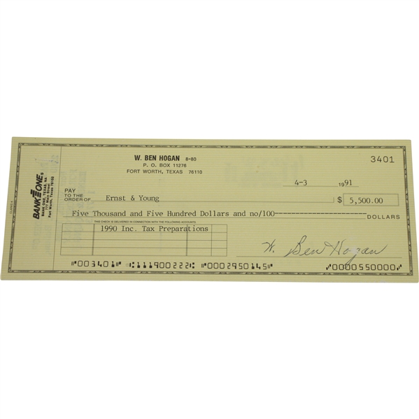 Ben Hogan Signed 4/3/1991 BankOne Check to Ernst & Young for $5,500 JSA ALOA