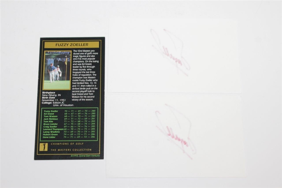 Two Fuzzy Zoeller Signed 3x5 Cards with Signed Grand Slam Ventures Card JSA ALOA