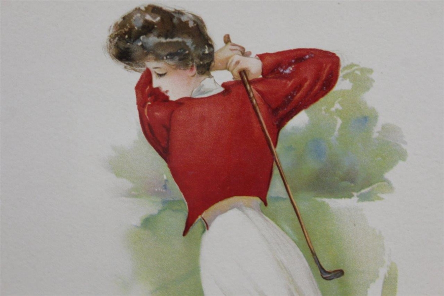 Lady Golfer in Red Coat Lithograph by Maud Strumm - Copyright The Gray Lithograph 1908