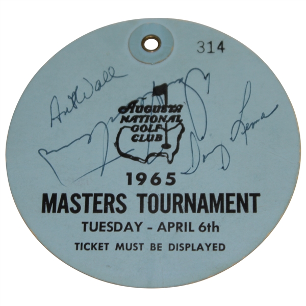 Tony Lema Signed 1965 Masters Tuesday Ticket #314 with Sarazen, Wall, & others JSA ALOA