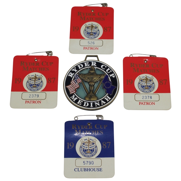 Four 1987 Ryder Cup at Muirfield Village Badges Plus Metal Bag Tag