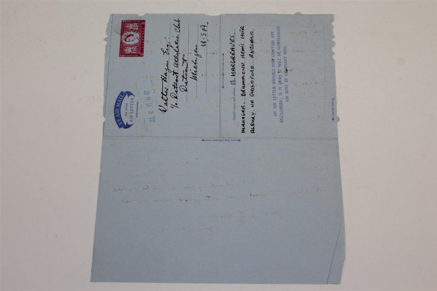 Personal Hand-Written Letter to Walter Hagen from His 1929 Caddy E. Hargraves