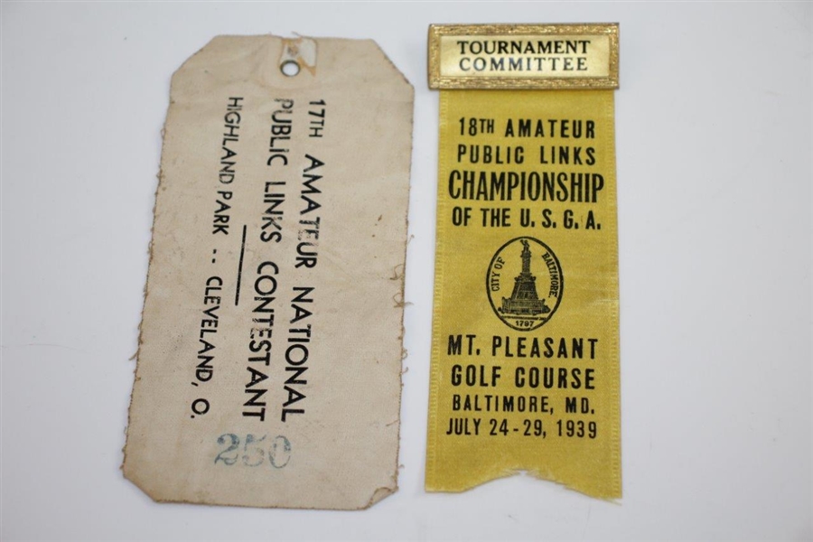1938 & 1939 Amateur Public Links Qualifying Round Badges with Tournament Ribbons