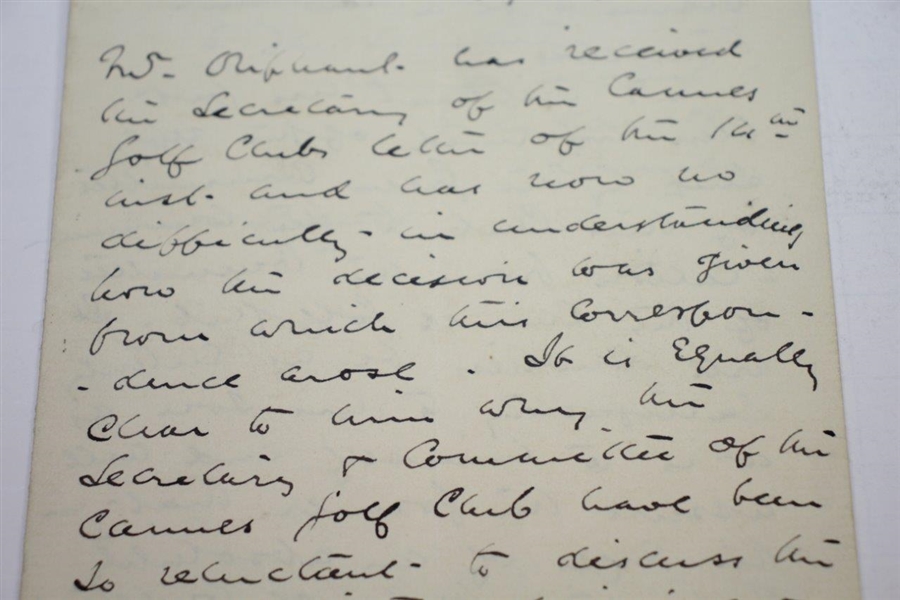 1893 Handwritten Letter on St. Andrews Stationary Regarding Ruling at Cannes Golf Club - April 19th
