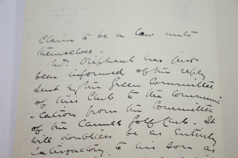 1893 Handwritten Letter on St. Andrews Stationary Regarding Ruling at Cannes Golf Club - April 19th