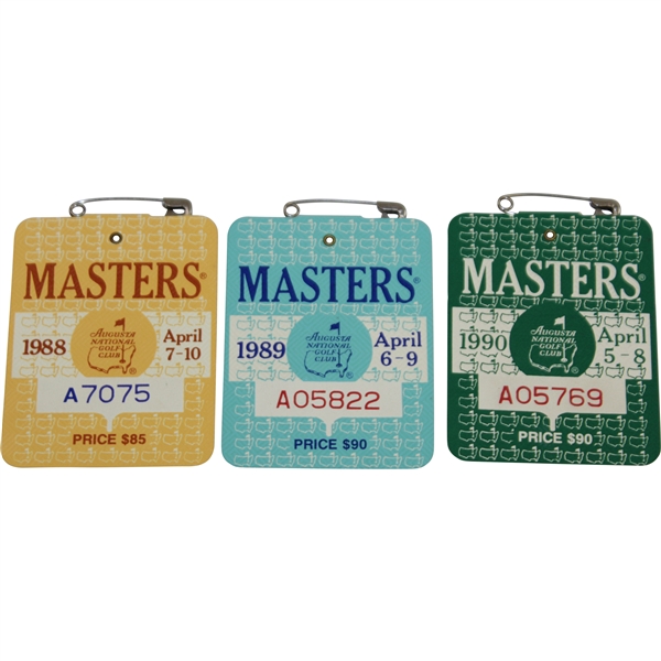 1988, 1989, & 1990 Masters Series Badges - Lyle & Faldo(x2) Winners