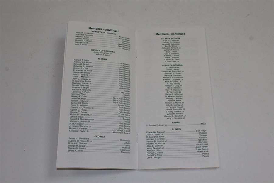 1998 Augusta National Golf Club Membership Directory with Key Dates/Info - October 1998