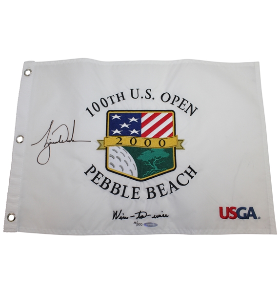 Tiger Woods Signed 2000 US Open at Pebble Beach Embroidered White Flag Ltd Ed 66/500 UDA #BAM54114