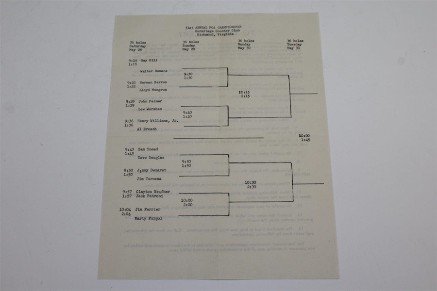 1949 PGA Championship at Hermitage CC Ticket #29533 with Draw Sheet