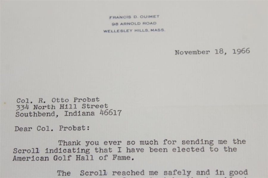 Francis Ouimet Signed 1966 Letter to Col. Otto Probst Thanking for HoF Induction Notice JSA ALOA