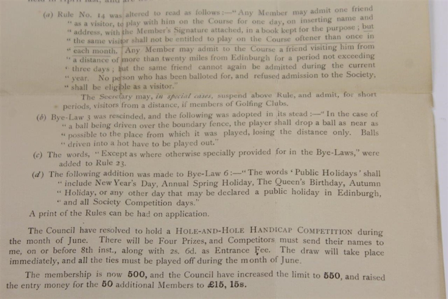 1897 Edinburgh Golfing Society Opening Ceremony of New Club House at Barnton Invitation, Rules Alterations Info