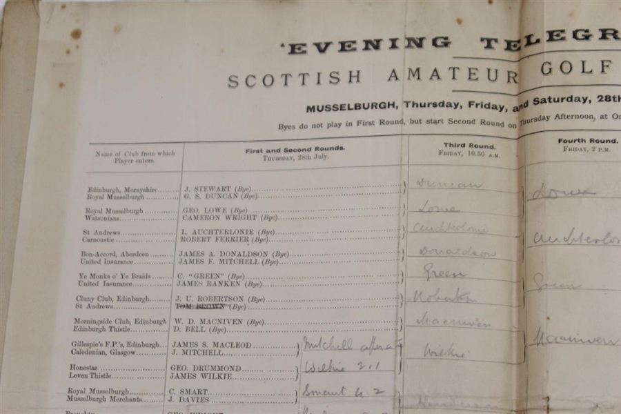 1898 'Evening' Telegraph Cup Scottish Amateur Golf Championship at Musselburgh Bracket/Pairing Sheet