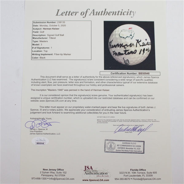Herman Keiser Signed Classic Masters Logo Golf Ball with 'Masters 1946' JSA FULL #BB50948