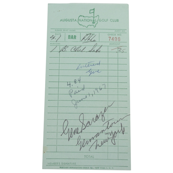 Gene Sarazen Signed 1967 Augusta National Golf Club Bar Receipt JSA FULL #BB46855