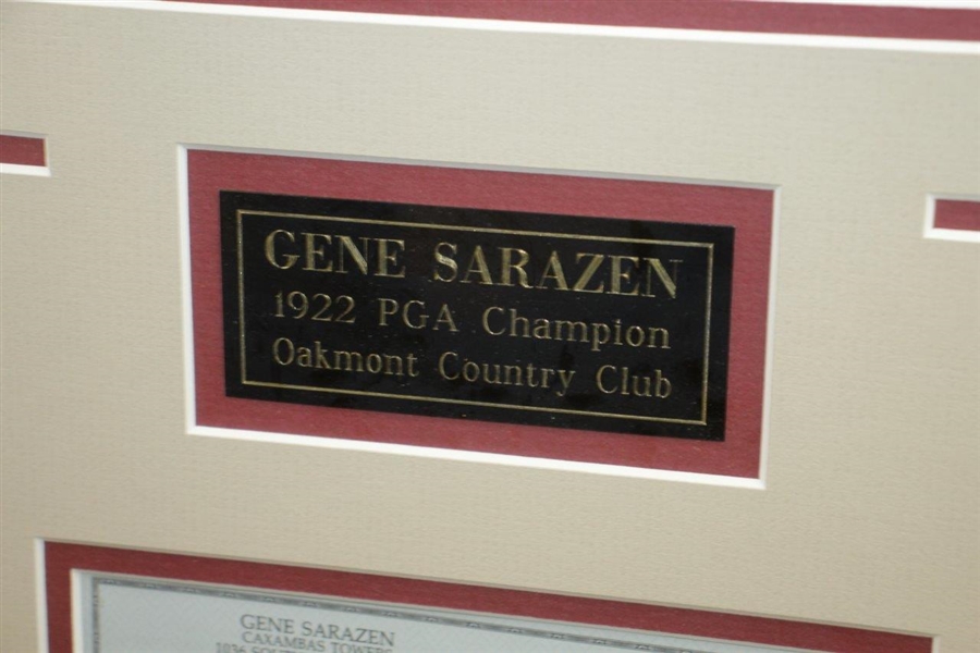 Gene Sarazen Signed Personal Check with 1922 PGA Champ Photo Display - Framed JSA ALOA