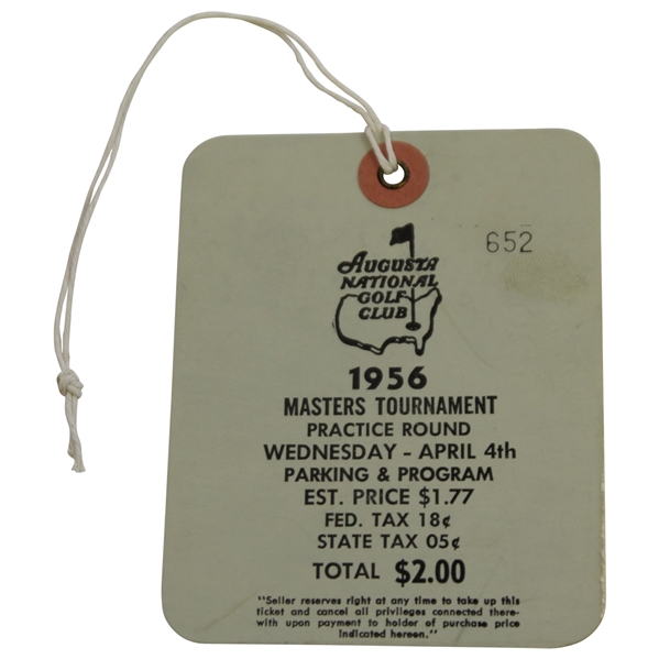 1956 Masters Tournament Wednesday Ticket #652