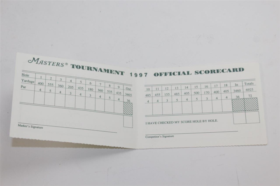 1997 Masters Tournament Official Scorecard - Tiger's First Green Jacket