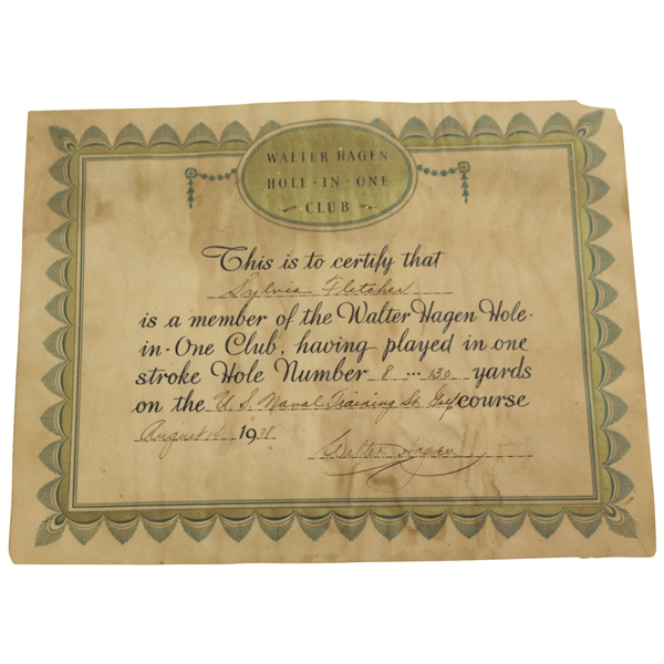 Walter Hagen Signed 1938 'Walter Hagen - Hole-In-One' Certificate JSA FULL #Z97570