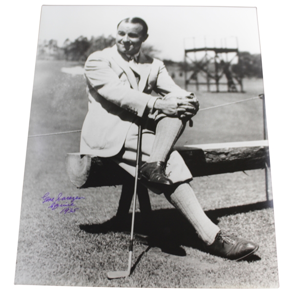 Gene Sarazen Signed Sitting on Bench Frank Christian Studio 16x20 B&W Photo & 'Squire 1935' JSA ALOA