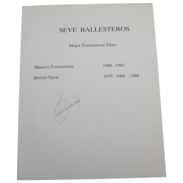 Seve Ballesteros Signed Major Tournament Titles Page JSA ALOA