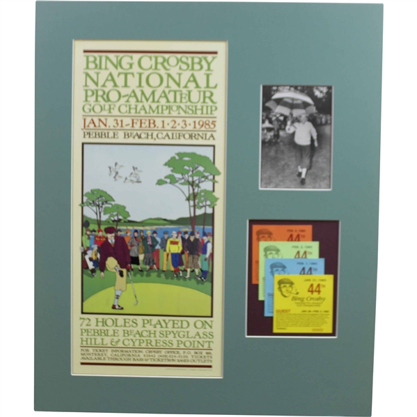 1985 Bing Crosby National Pro-Am Poster with Tickets & Crosby Photo - Matted