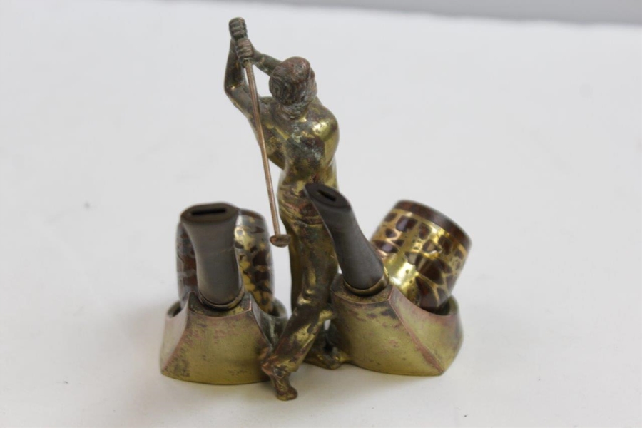 Brass Post-Swing Golfer with Two Sterling Overlay Tobacco Pipes Holder